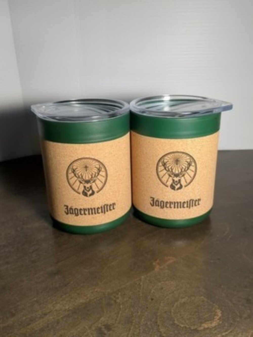 2 JAEGERMEISTER /Jägermeister CORK INSULATED CUPS W/ CLEAR LIDS--10 OZ.
